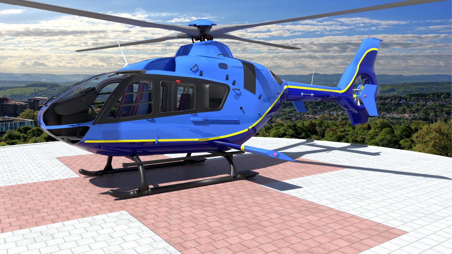 rendering of a helicopter with an asymmetric wing on a helipad on the rooftop of a hospital
