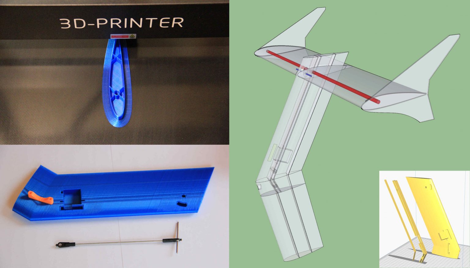 CAD construction and 3D printing of an active stabilizer assembly for a UAV helicopter: Image top left: 3D printing of the horizontal stabilizer Image bottom left: 3D printed part with linkage rod for active AoA control Images on the right: CAD construction of the active stabilizer. The horizontal stabilizer can rotate around the red shaft.