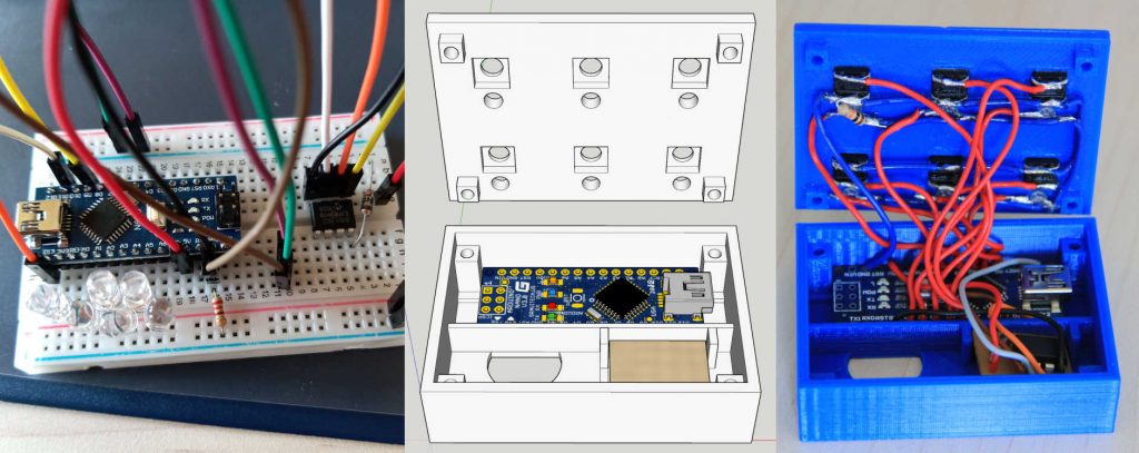 development stages of a custom built flight mode switcher: development board, electronics, microcontroller, 3D printed case, CAD construction, final assembly
