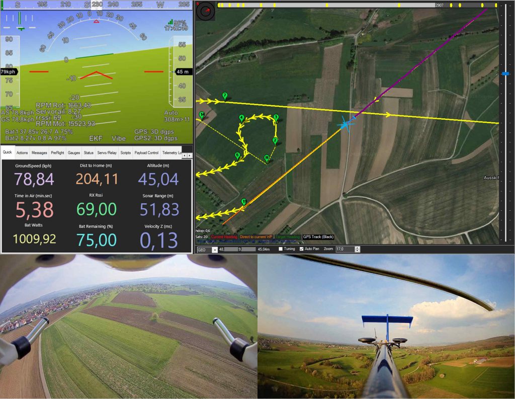 ground station of an autonomous UAV helicopter; live video feed, artificial horizon, map data, flight testing