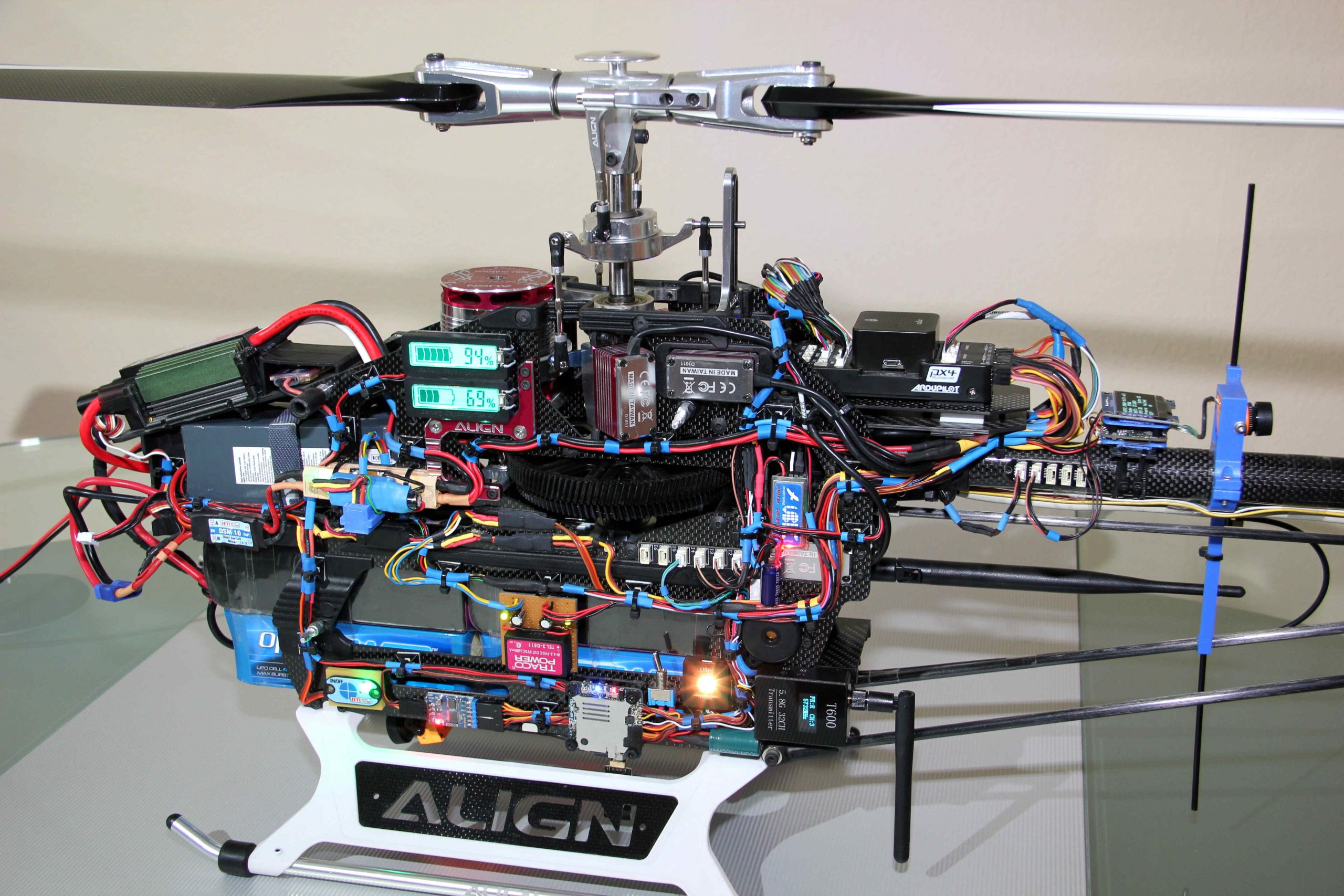 Electronic systems of a fully autonomous UAV helicopter for free-flight experiments: T-Rex 800 with ArduPilot flight controller (Pixhawk 2.1 Cube Black autopilot). Fully autonomous helicopter testbed.